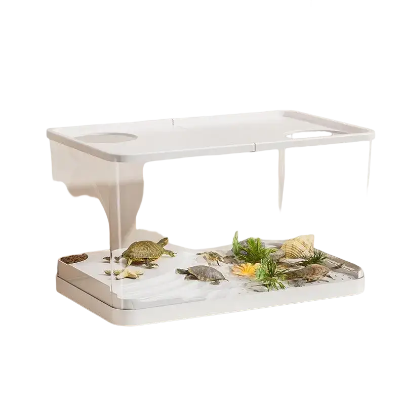 Ecological desktop fish tank with white rectangular design clear sides white lid and decorative plants and shells inside