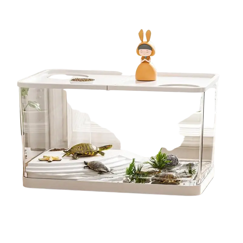 Ecological desktop fish tank with white acrylic habitat glass sides and white top housing small turtles on gravel