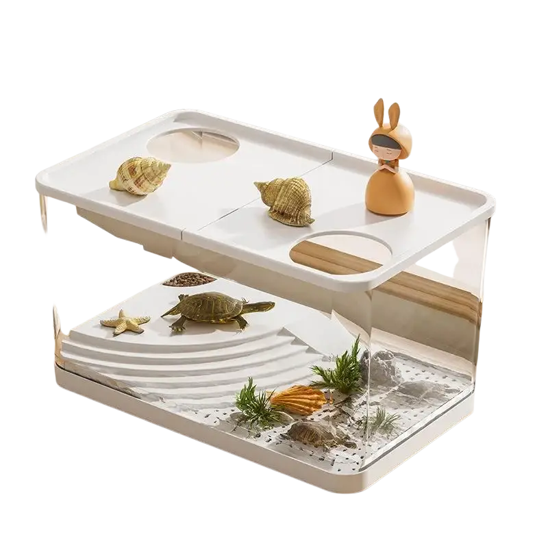 Ecological desktop fish tank with white two-tiered habitat, clear acrylic sides, and decorative sand and rock base