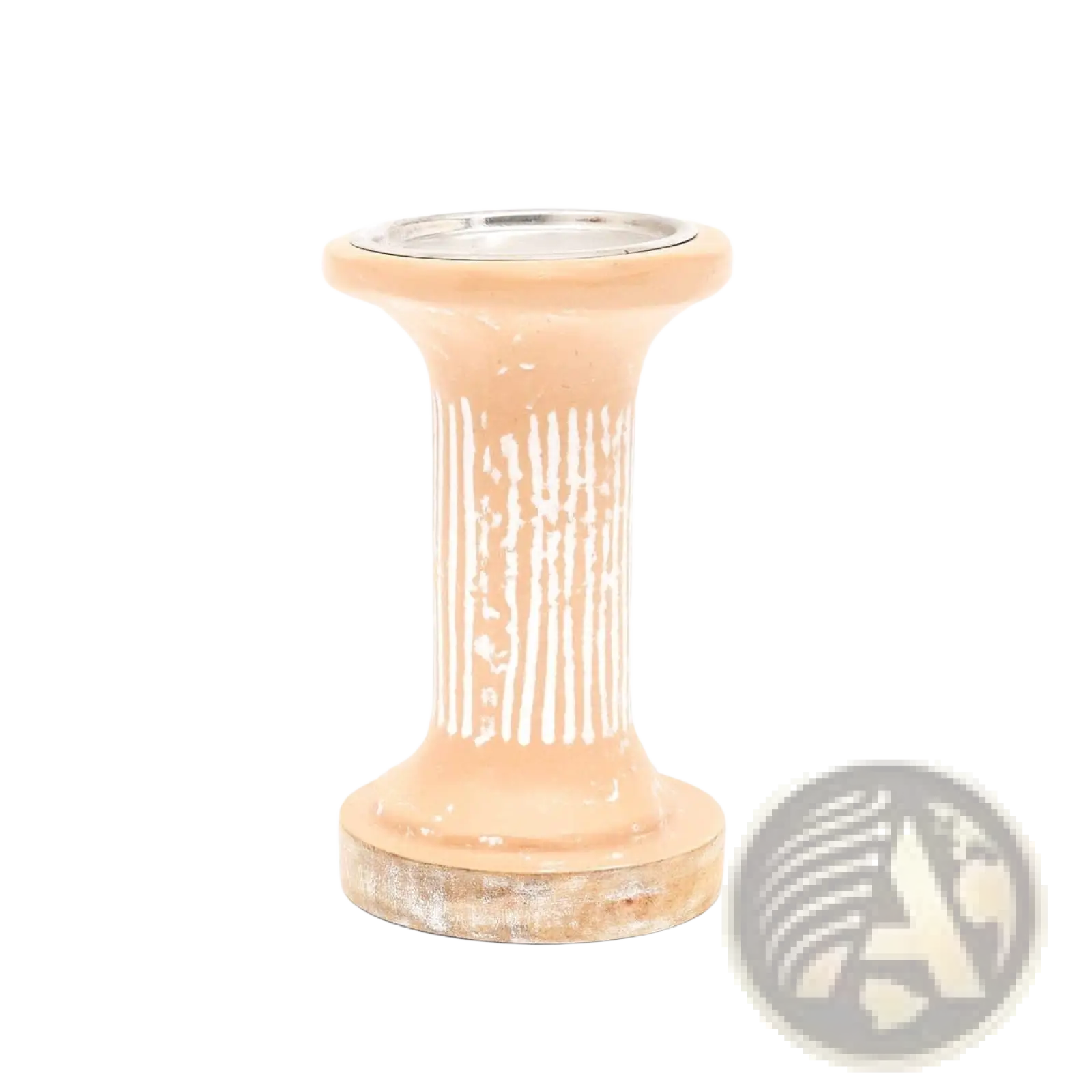Peach-colored ceramic ecomix pillar candle holder with white stripes and silver rim sustainable terracotta stand