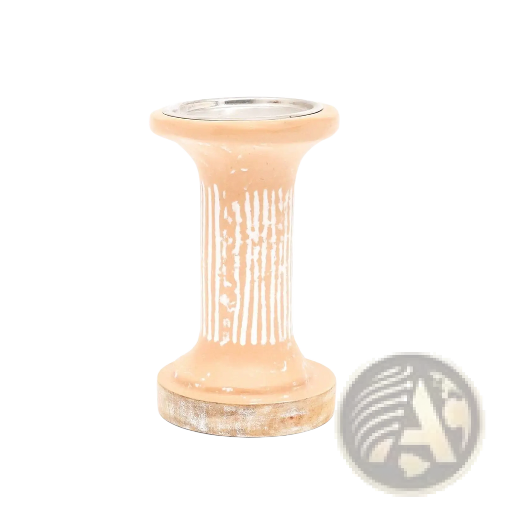 Peach-colored ceramic ecomix pillar candle holder with white stripes and silver rim sustainable terracotta stand