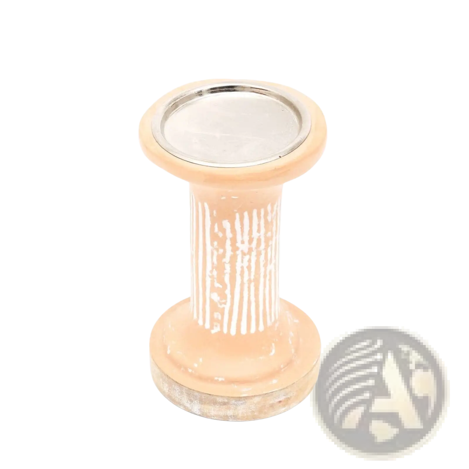 Beige ceramic ecomix pillar candle holder with vertical white brushstroke patterns and a silver rimmed terracotta stand