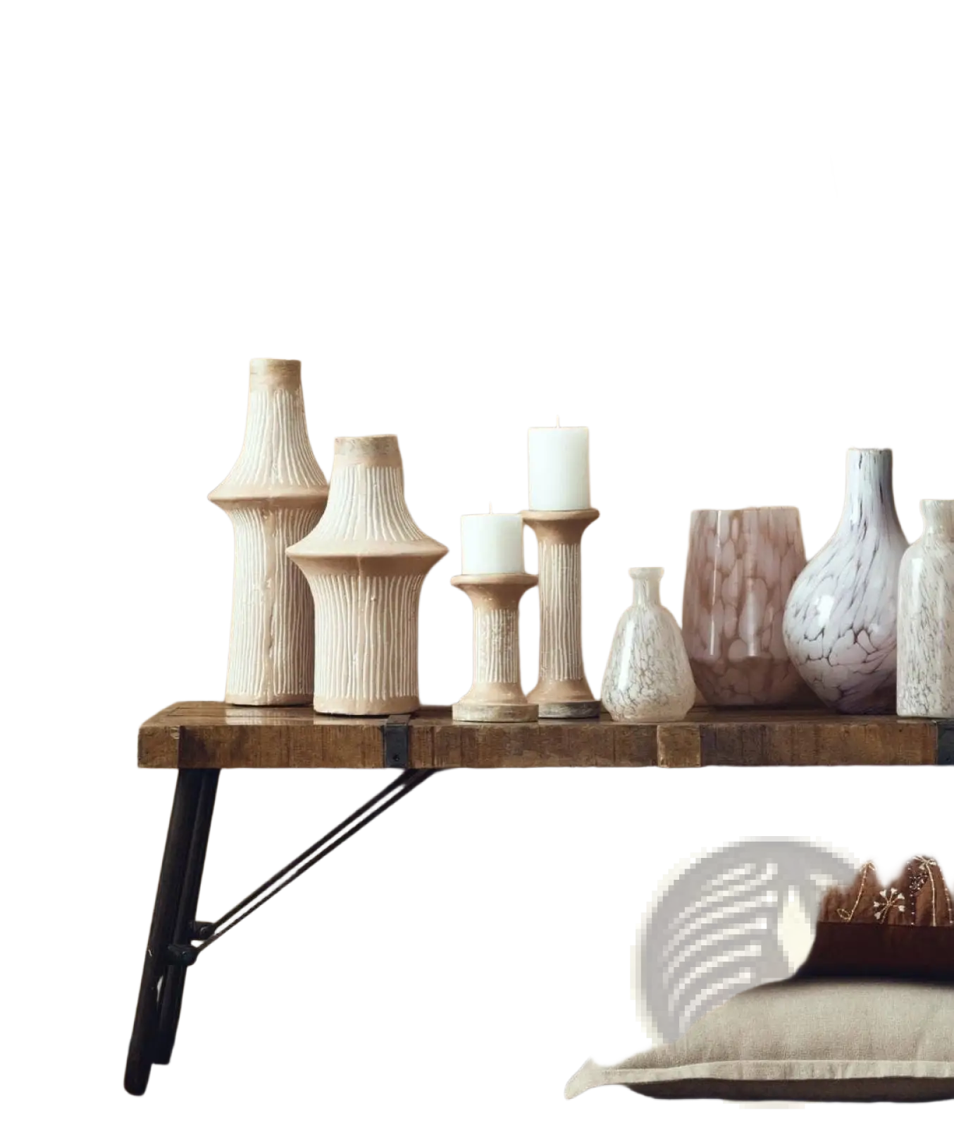 Ecomix pillar candle holder with a white ceramic marbled vase and slender neck on a sustainable terracotta stand