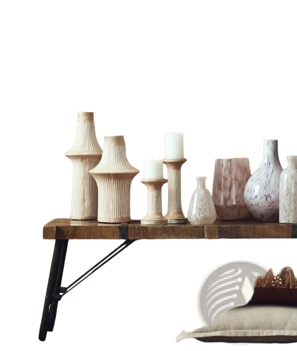 Ecomix pillar candle holder with a white ceramic marbled vase and slender neck on a sustainable terracotta stand