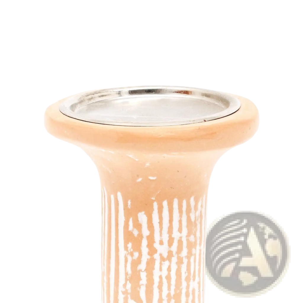 Peach-colored ceramic ecomix pillar candle holder with vertical white stripes and silver metal rim sustainable terracotta stand