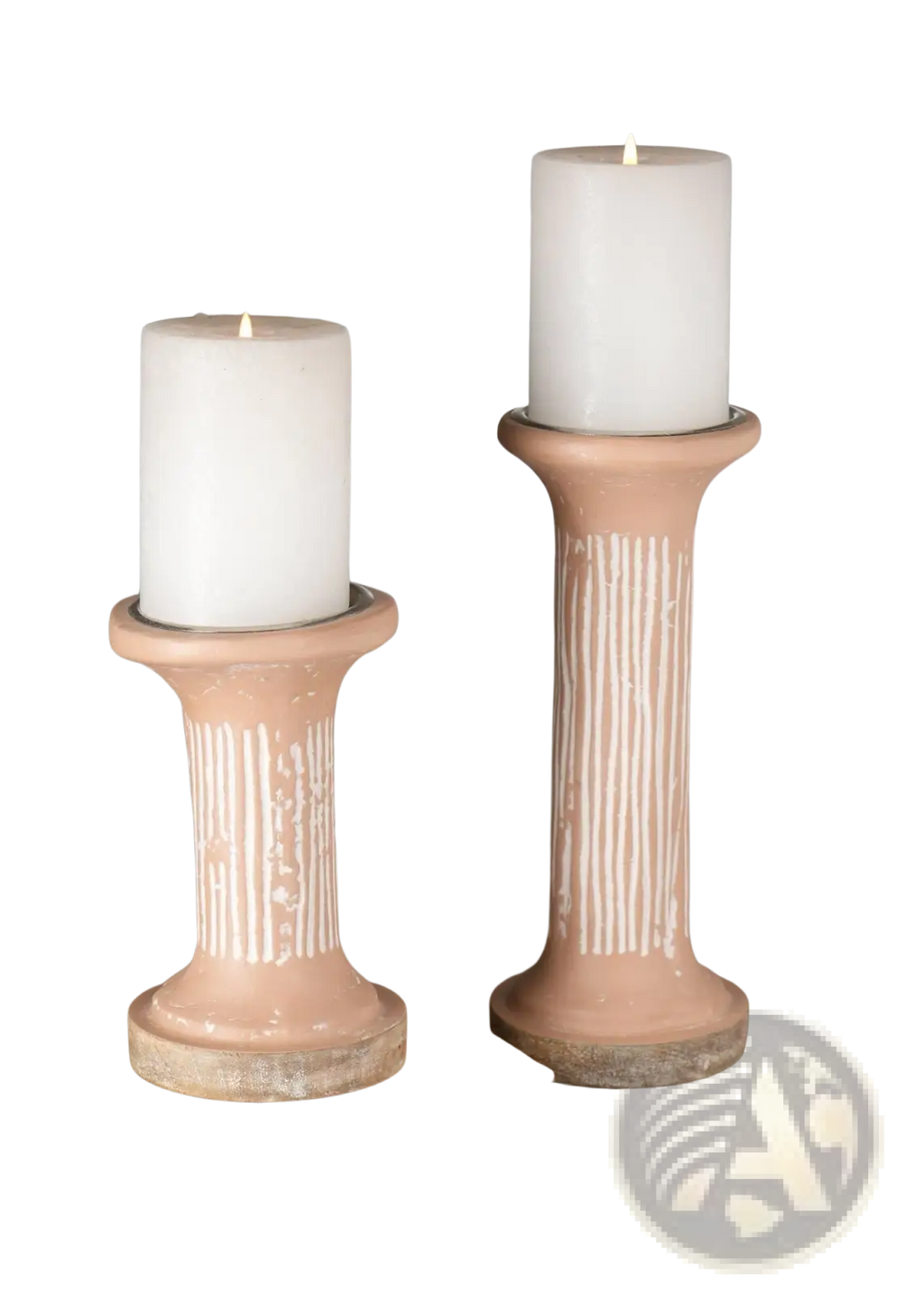 Ecomix pillar candle holder in sustainable terracotta with vertical white stripes and rustic handcrafted texture