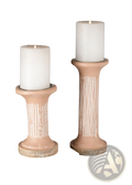 Ecomix pillar candle holder in sustainable terracotta with vertical white stripes and rustic handcrafted texture