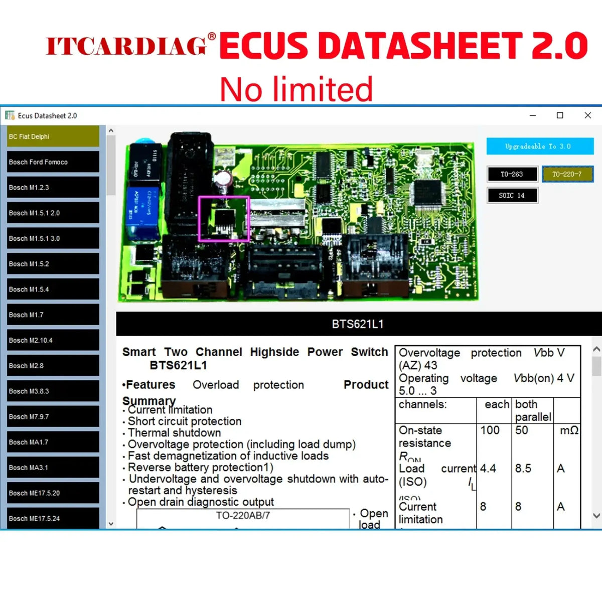 Green circuit board with black and silver components and purple microchip outline for ecu datasheet 2.0 repair software