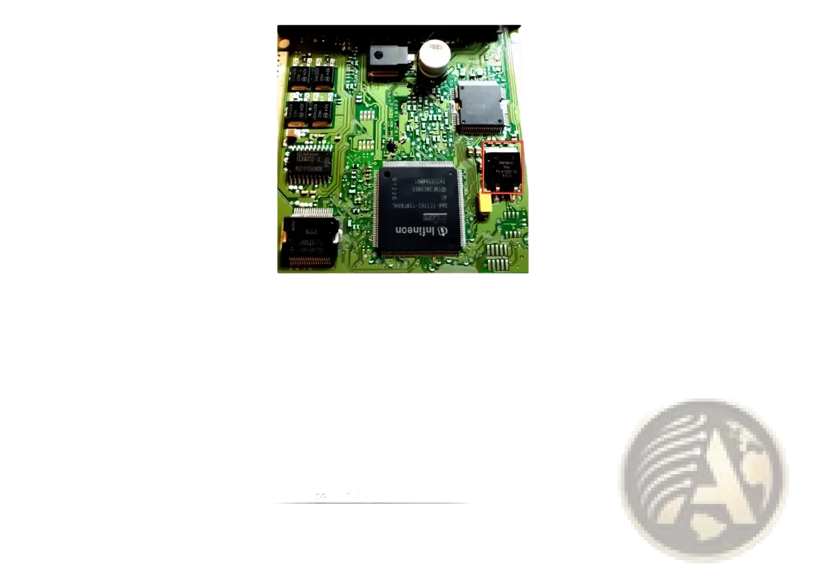 Green circuit board with black integrated circuits and silver solder points for ecu datasheet 2.0 repair software and schematics