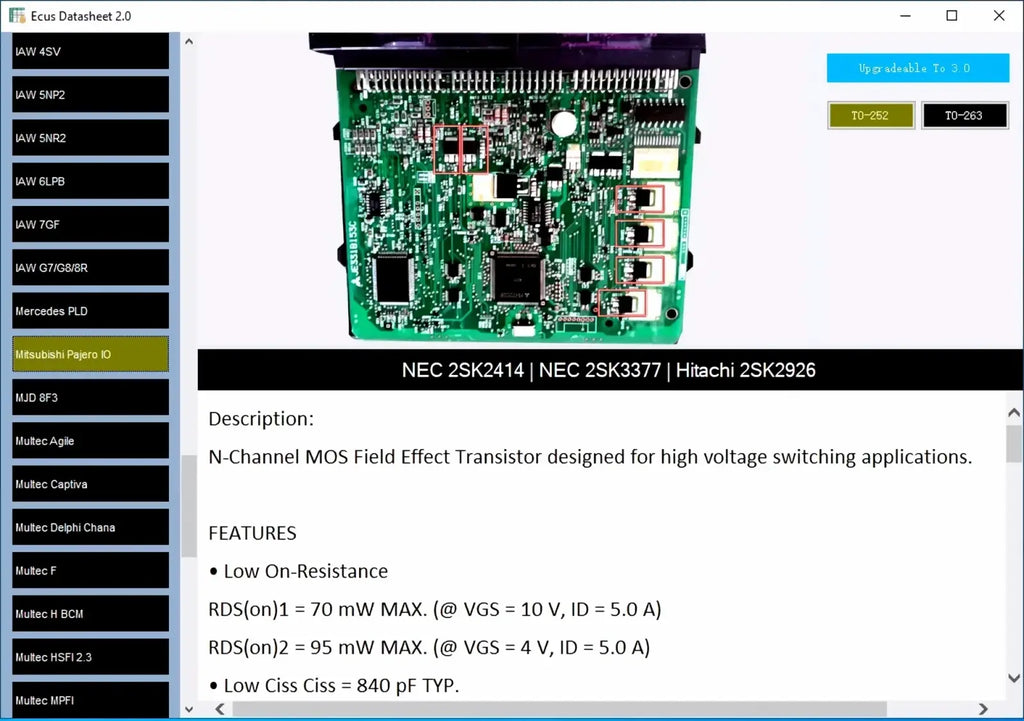 Green printed circuit board with black integrated circuits and silver solder points labeled nec 2sk2414 for ecu datasheet 2.0 repair software and schematics