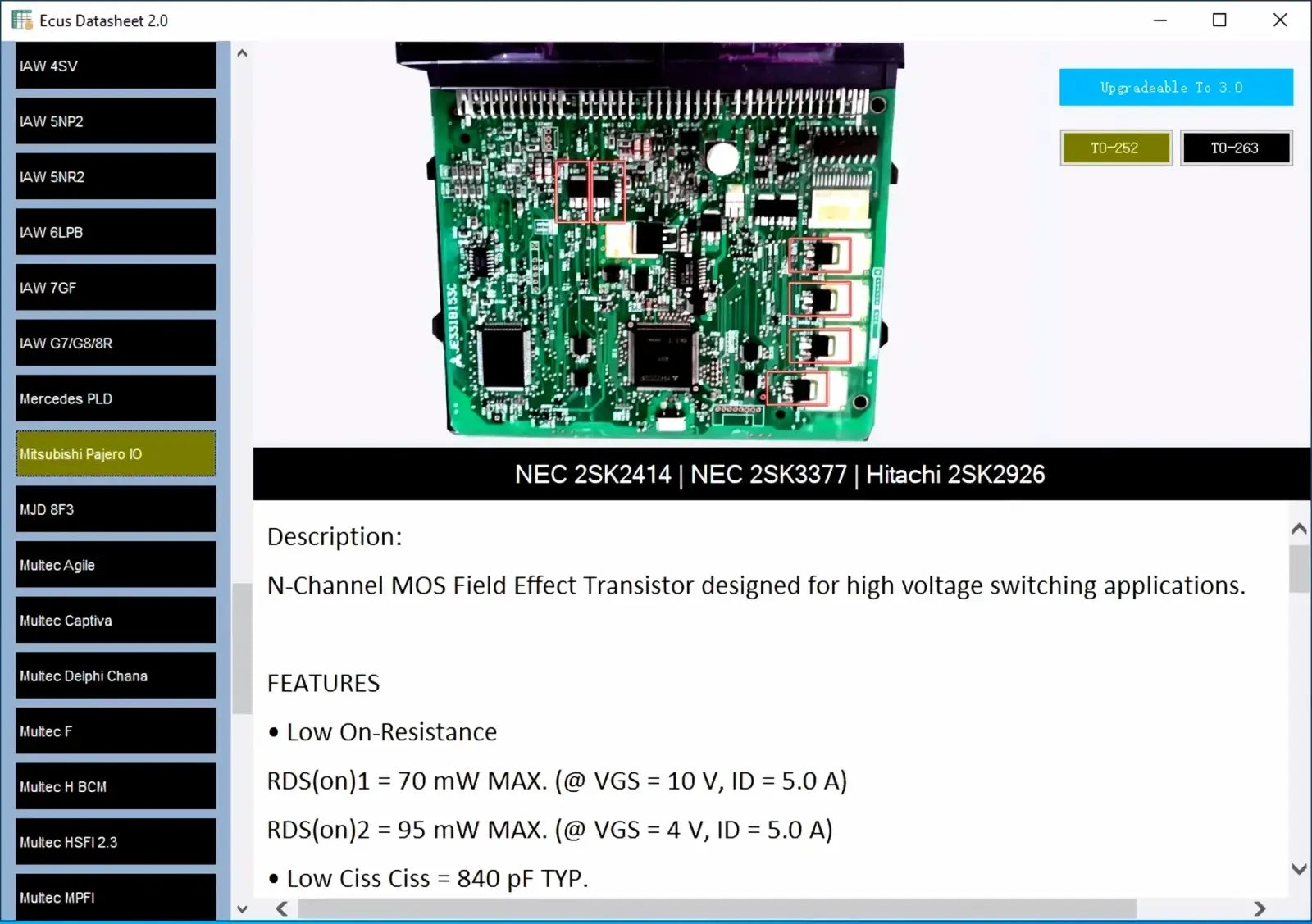 Green printed circuit board with black integrated circuits and silver solder points labeled nec 2sk2414 for ecu datasheet 2.0 repair software and schematics