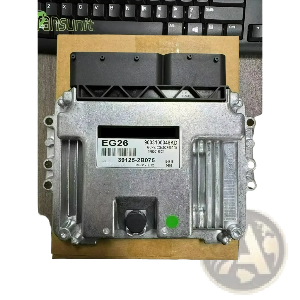 Ecu for hyundai 39125-2b075 engine computer board silver metal unit with black connectors and green indicator light