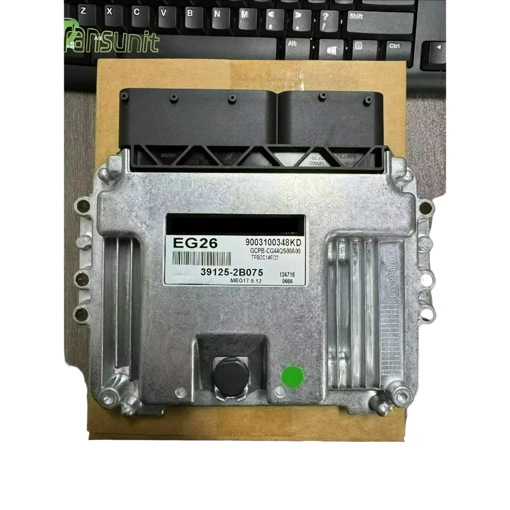 Ecu for hyundai 39125-2b075 engine computer board silver metal unit with black connectors and green indicator light