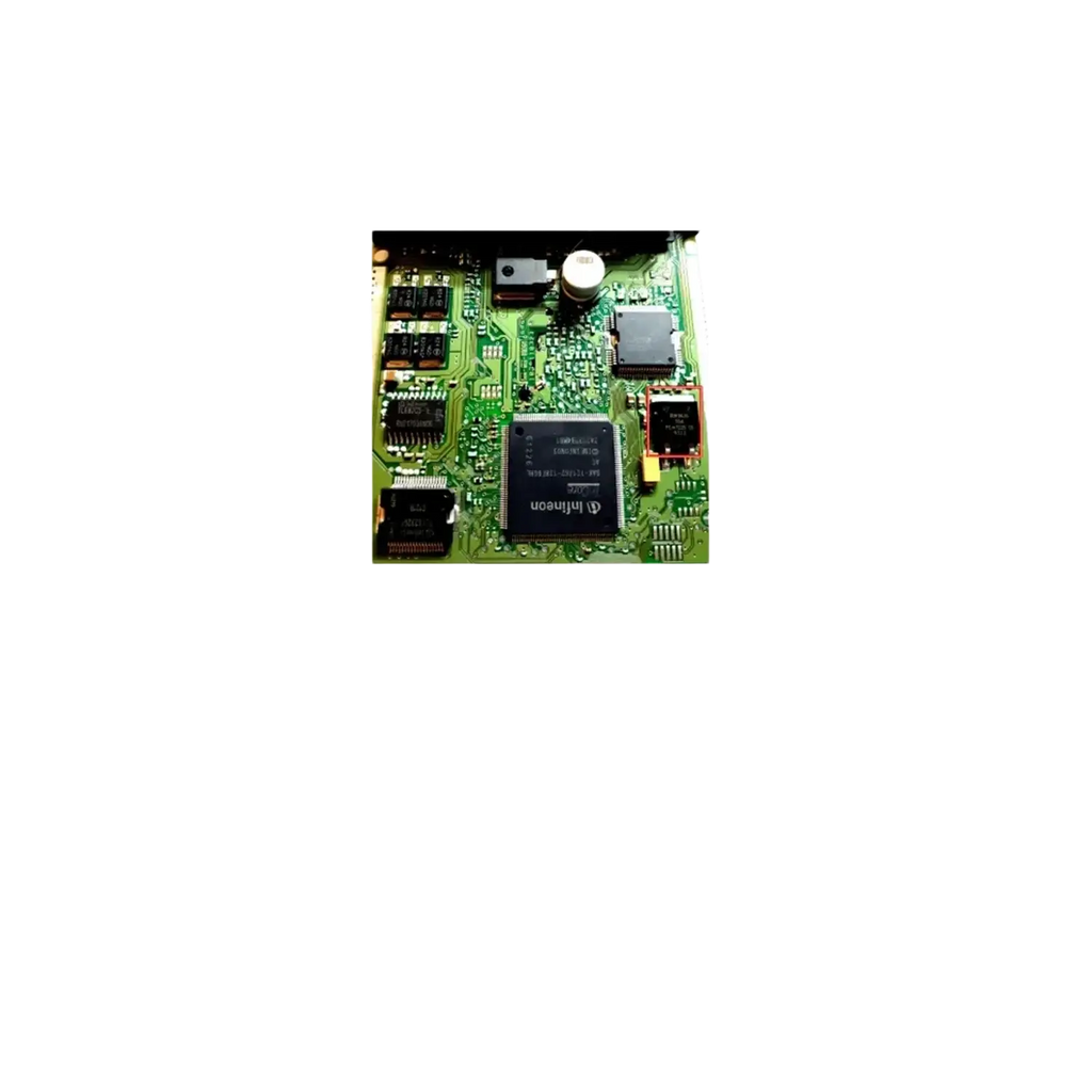 Green circuit board with a central black Infineon integrated circuit chip for Ecus Datasheet 2.0 Ecu repair software