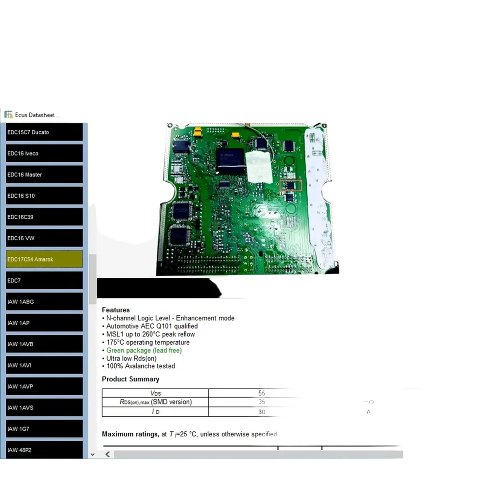 Green printed circuit board with infineon spd26n06s2l-2n06l35 black integrated circuits for ecu repair software