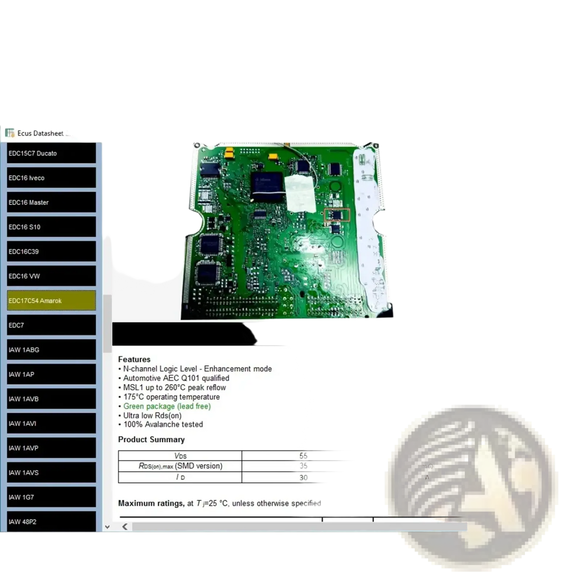 Green printed circuit board with infineon spd26n06s2l-2n06l35 black integrated circuits for ecu repair software