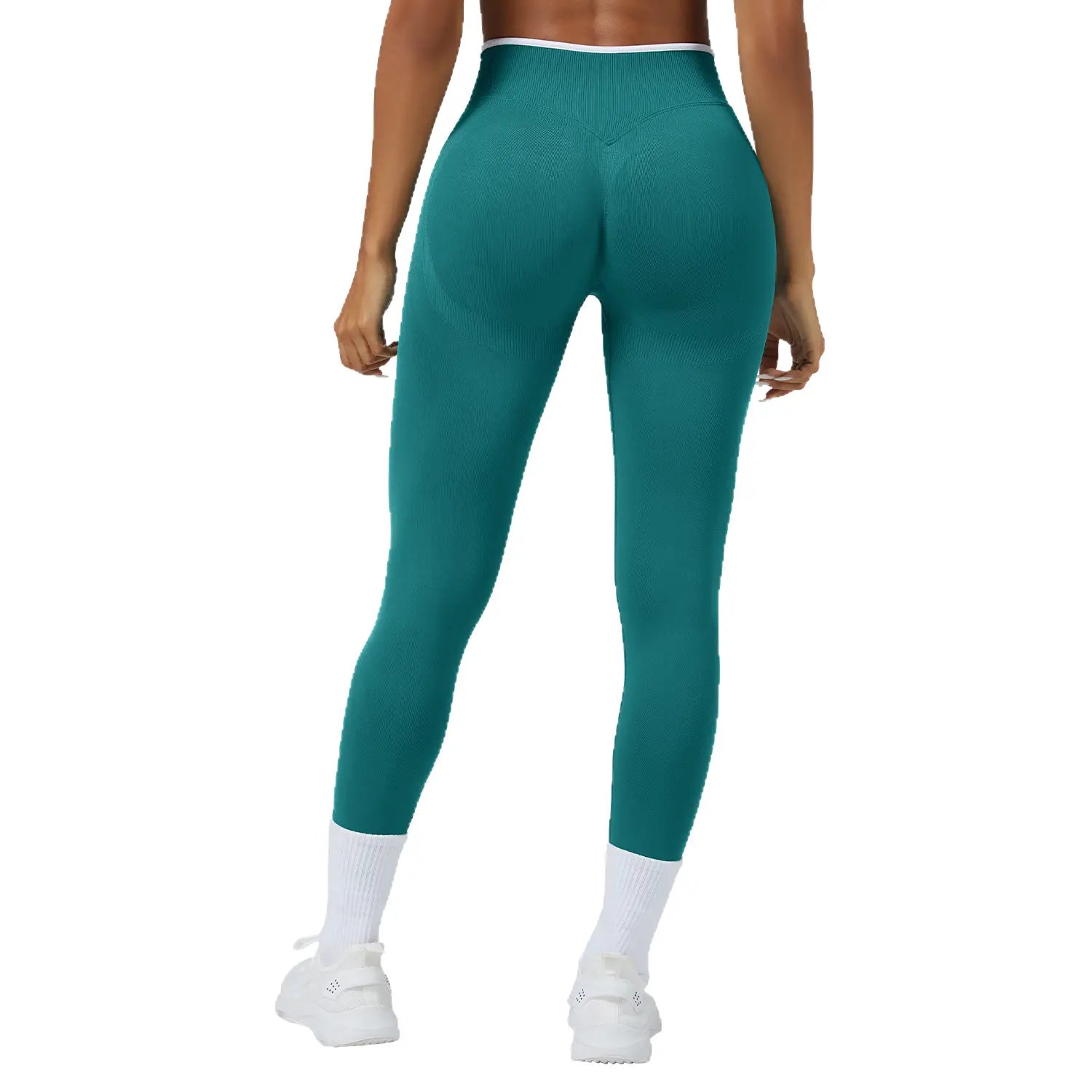 Nahtlose Sport-Yoga-Leggings mit hoher Taille in Petrolblau aus geripptem Stoff mit weißem Bund, von vorne dargestellt.