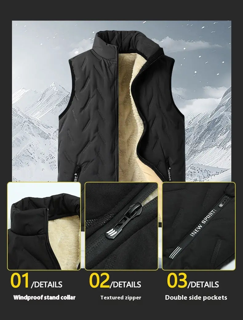 Schwarze gesteppte Herren-Thermo-Weste mit kuscheliger beiger Fleece-Innenfütterung und strukturierter Reißverschlussausführung, Teil eines Winteranzugs in drei Teilen