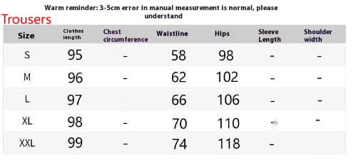 L’image présente un tableau des tailles et des mensurations pour un ensemble oversize unisexe streetwear comprenant un sweat à capuche et un pantalon de survêtement, détaillant les circonférences de poitrine, la taille, les hanches, la longueur des manches (non applicable) et la largeur des épaules.