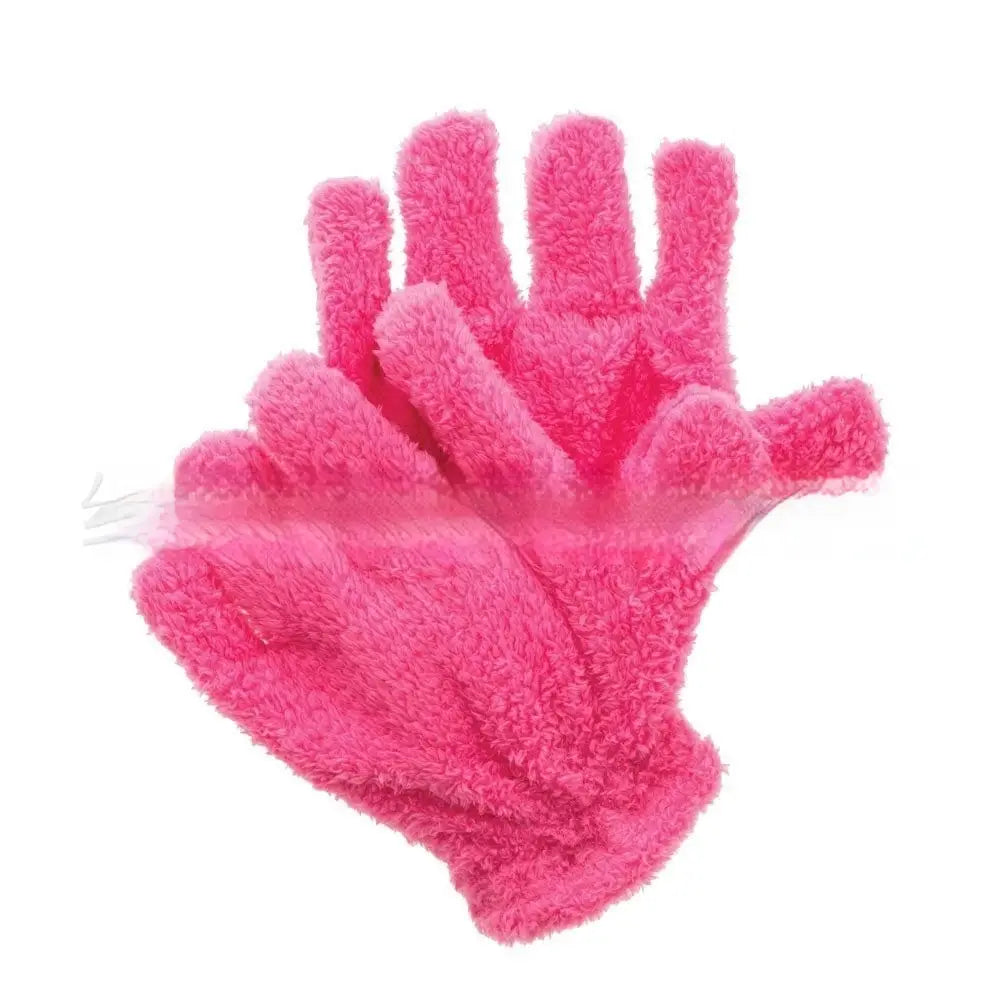 plush coral fleece bath dust gloves in bright pink feature a soft microfiber material with a plush texture designed for effective scrubbing.
