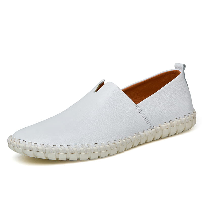 Men’s breathable navy blue perforated leather driving loafers with brown stitched sole and lining in large sizes.