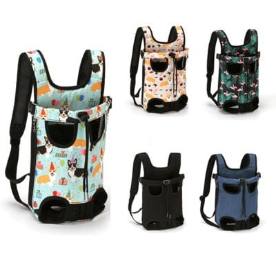 A light blue breathable pet carrier backpack with black straps and trim featuring a playful cat and dog pattern for small dogs and cats.