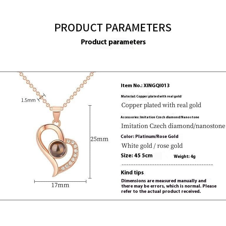 Rose gold heart-shaped pendant necklace with a central dark stone and sparkling imitation Czech diamond accents in the projection heart necklace and rose gift box set.