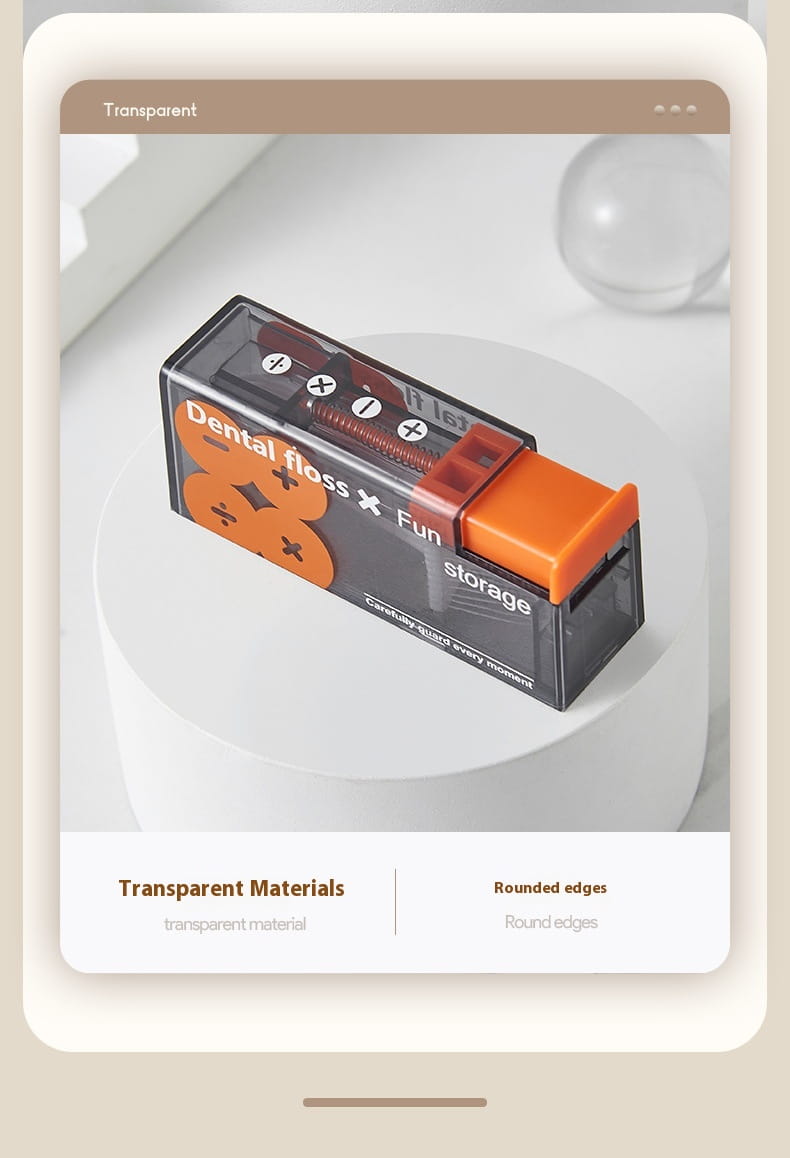 Caja portátil para hilo dental con dispensador automático de apertura emergente, fabricada en plástico transparente con detalles naranjas y un diseño moderno y elegante.