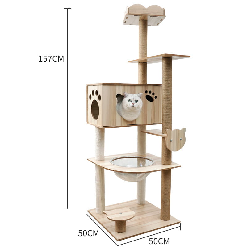 A light wood wooden cat tree scratching post and condo with a scratching post multiple platforms and a cozy enclosed hideaway featuring paw print cutouts.