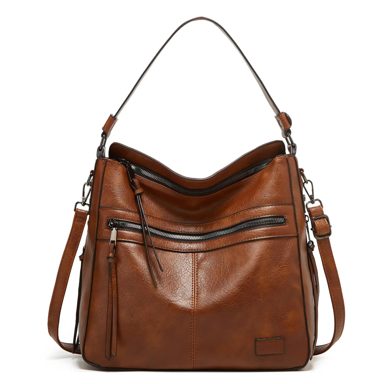 Braune Lederschultertasche mit mehreren schwarzen Reißverschlüssen und verstellbaren Trägern, gestaltet als Hobo-Crossbody-Tote