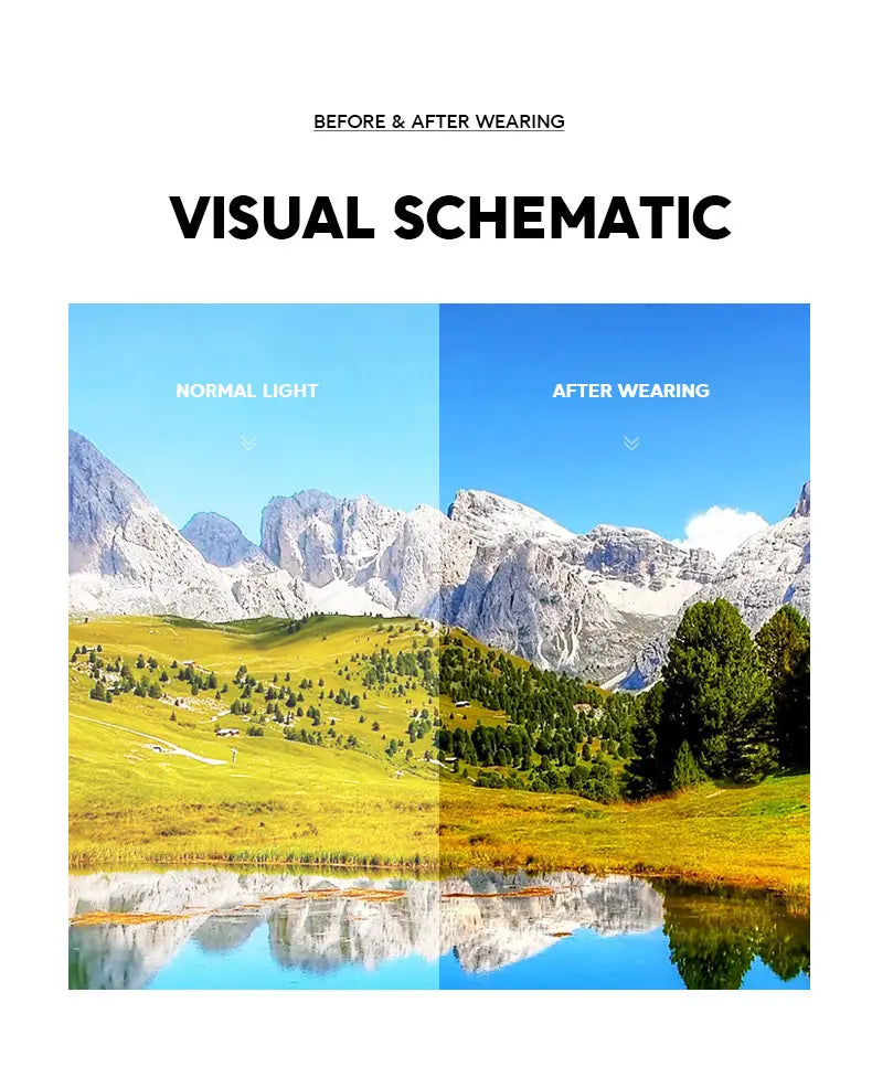 The image shows a split view comparison of mountainous scenery under normal light and after wearing frameless oval UV400 fashion sunglasses with metal accents highlighting enhanced clarity and color contrast.