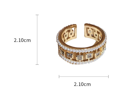 Gold-toned adjustable open ring featuring a hollowed square geometric pattern with clear baguette zircon crystals along its band.