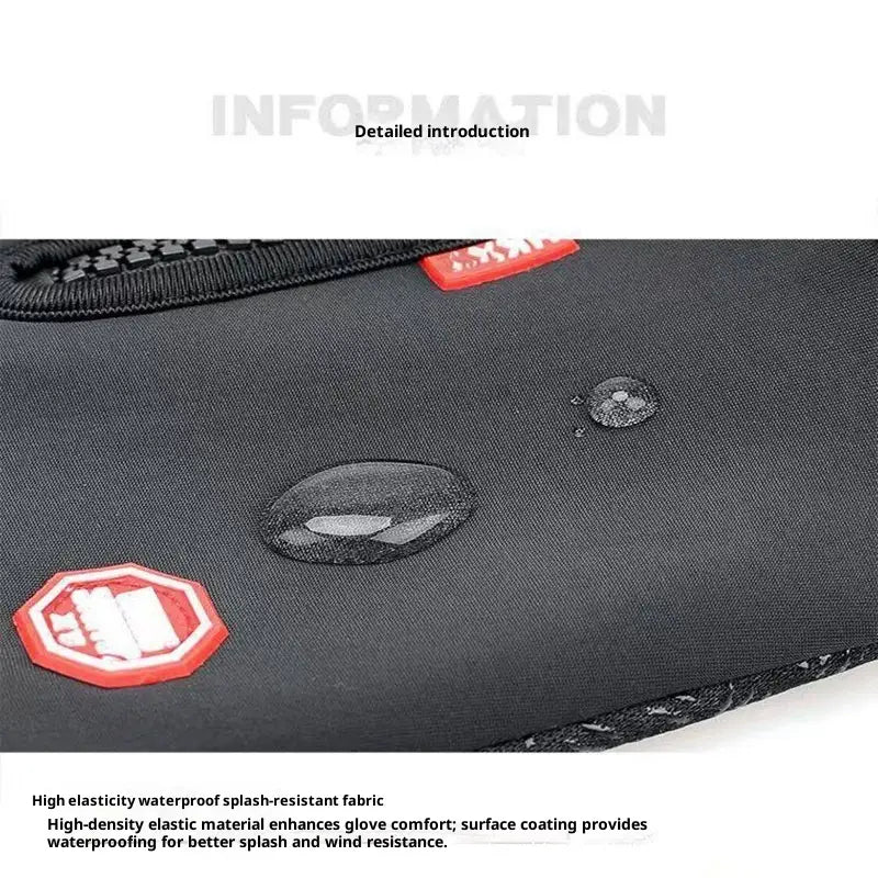 Black high-elasticity waterproof splash-resistant fabric glove liner with red hexagonal logo patches for women’s winter cycling touchscreen gloves, shown from the back side.