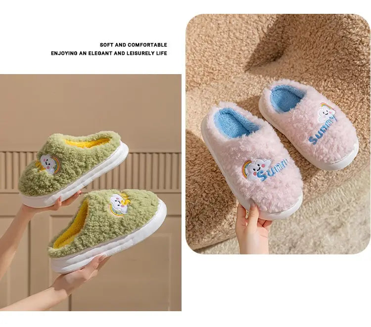 Pastel green and pink fuzzy slip-on smiling cloud and rainbow plush cotton slippers with embroidered cloud and sunny designs and plush interiors in contrasting yellow or blue.