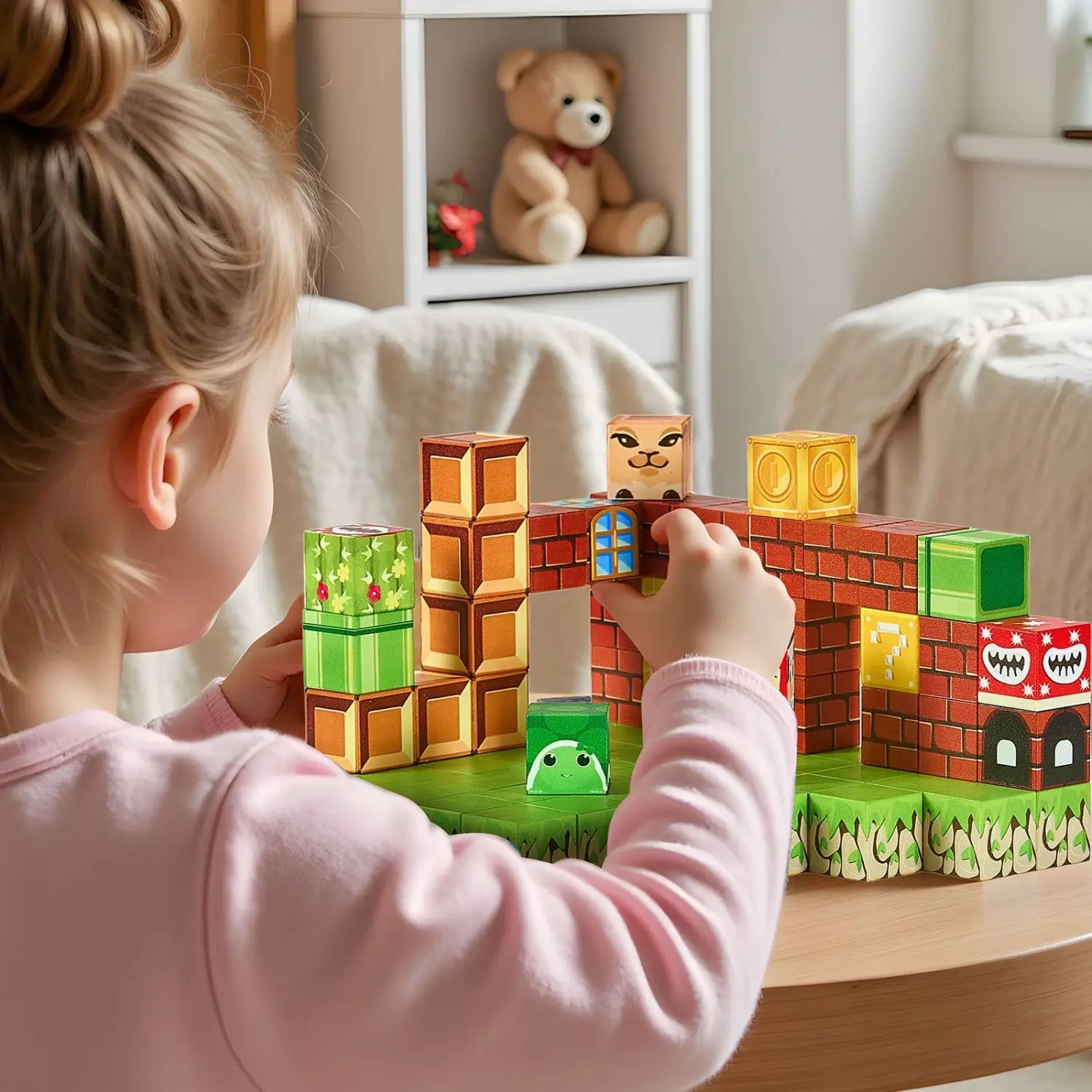 Bunte Papp-Magnetelemente im Super-Mario-Thema mit bedruckten Charaktergesichtern und Spielelementen in einem 100-teiligen STEM-Baustein-Bausatz.