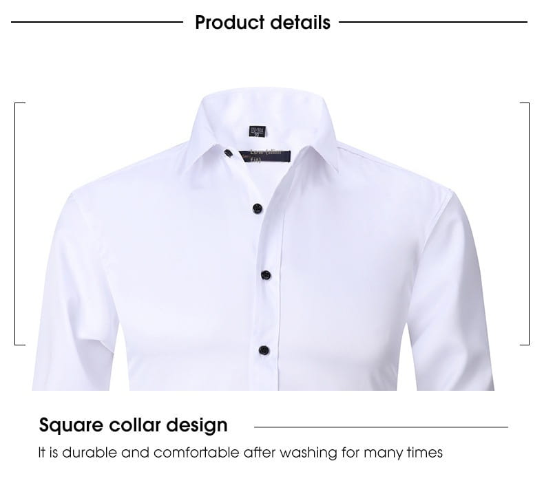 Herrenhemd mit langem Ärmel, Slim Fit, in Weiß mit quadratischem Kragen und schwarzen Knöpfen.