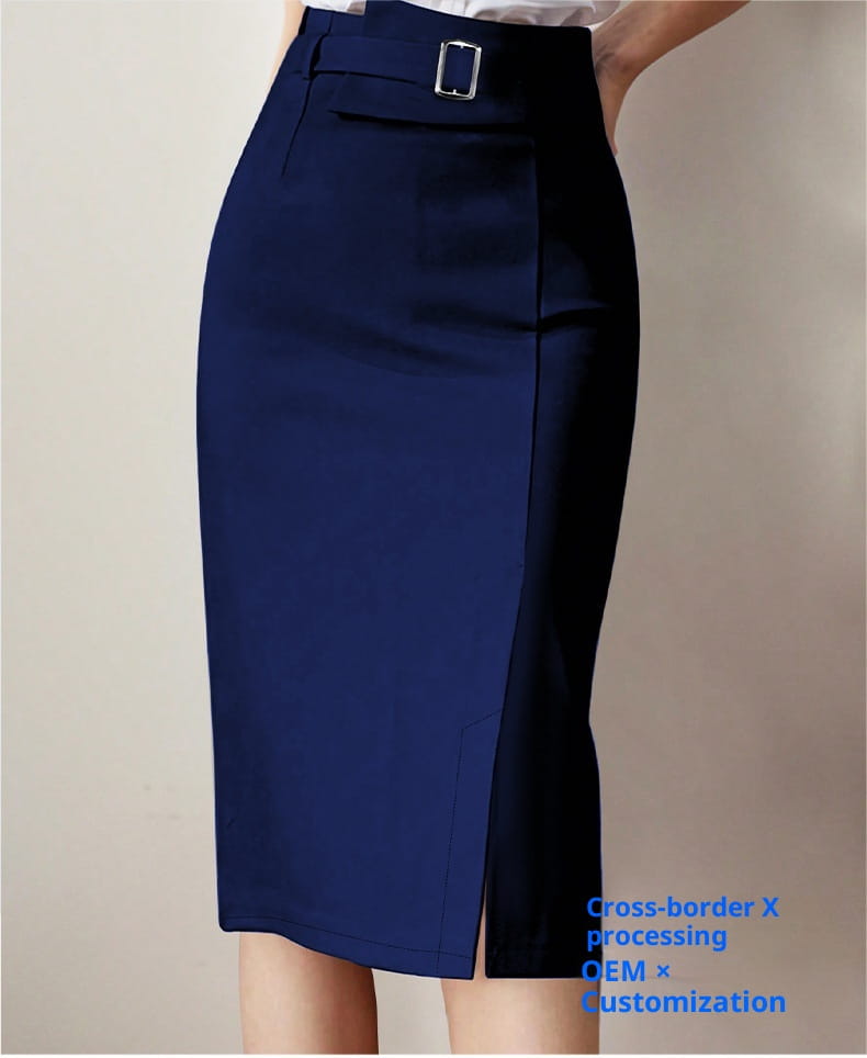 A sleek navy blue high waisted pencil skirt with a silver toned rectangular buckle and a subtle side slit.