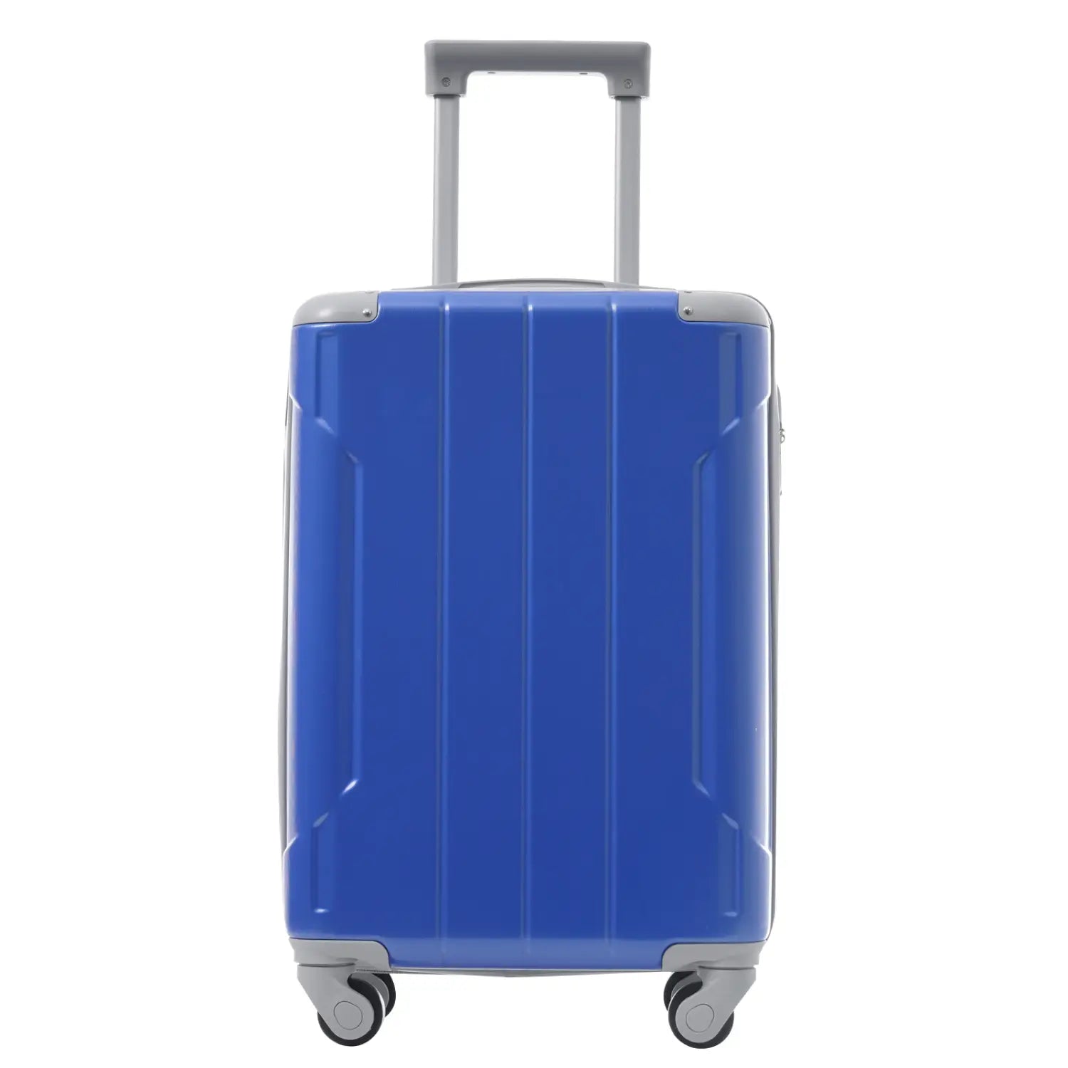 Bright blue hard-shell 20 inch carry on suitcase with gray accents on the handle corners and wheels from the 3 piece dazzling blue hardshell luggage set.