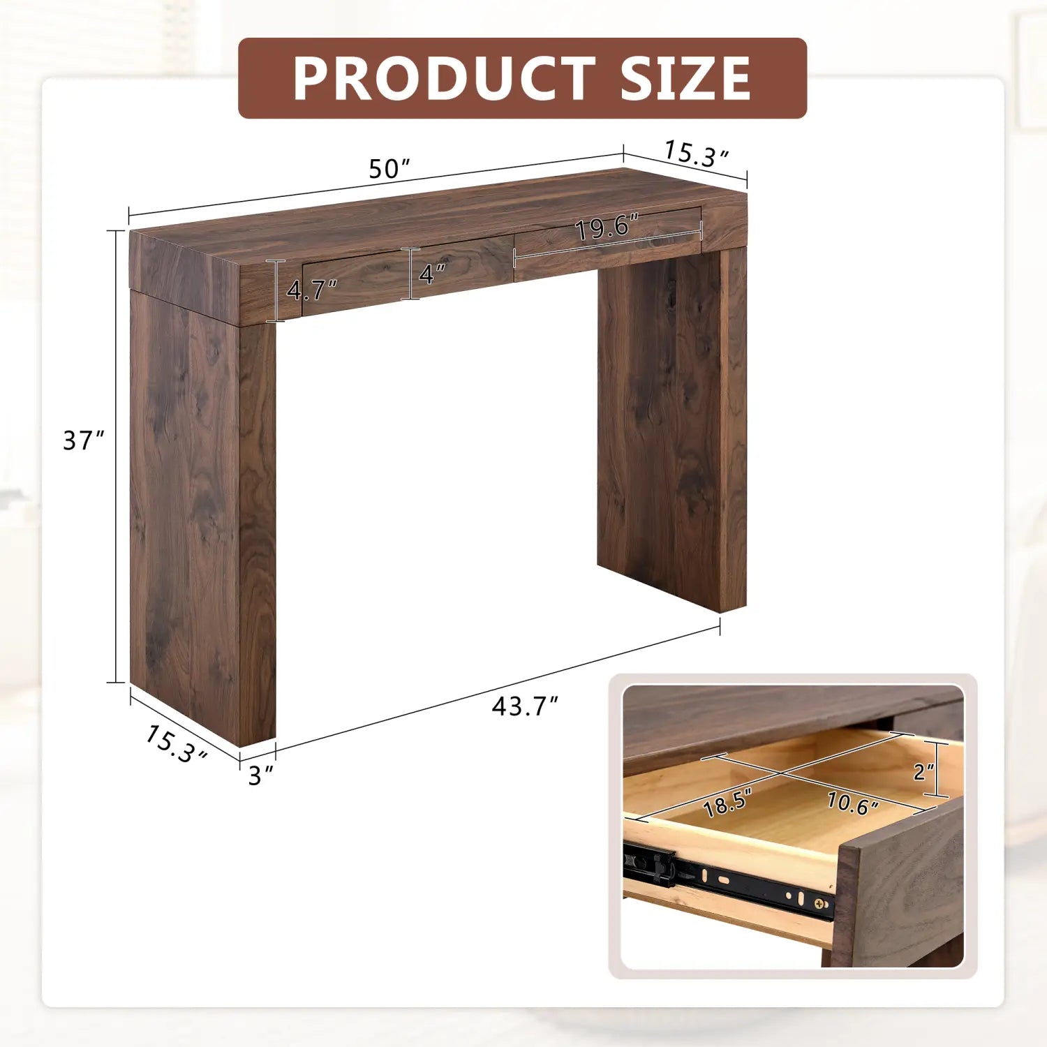 Dark brown walnut wood bar table with a sleek modern design and two drawers measuring 50 inch.