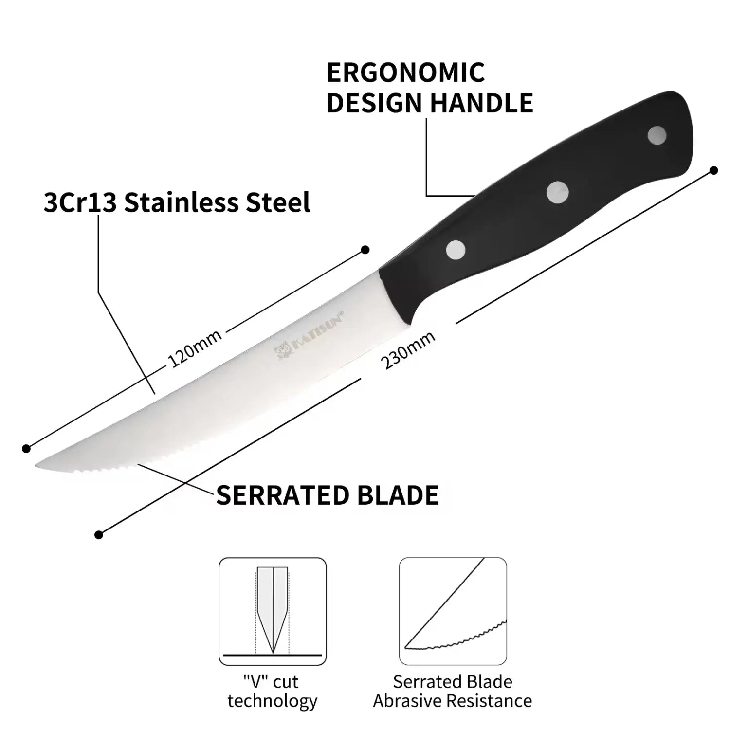 Couteau à steak dentelé à poignée noire, avec une lame en acier inoxydable 3cr13, doté d’un design ergonomique et de la technologie V cut, dans un ensemble de huit pièces comprenant une poignée en acier au carbone à plaquettes en pom.