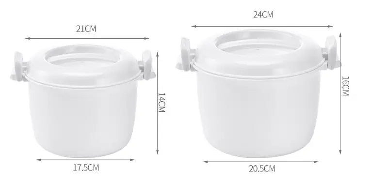 White plastic microwave rice cooker with steamer lid and side handles shown in two sizes.