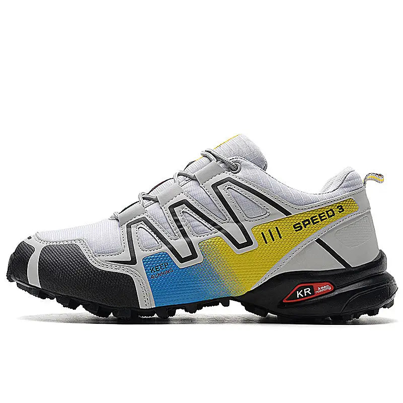 Men’s trail running shoes breathable mesh sneakers in white gray and black with a vibrant yellow and blue gradient panel on the side.