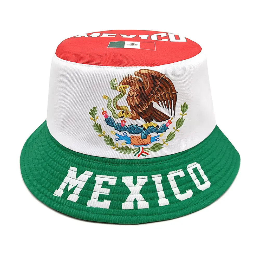 A vibrant Mexican flag bucket hat with a bold red white and green color scheme featuring an embroidered national emblem on the crown designed for sun protection.