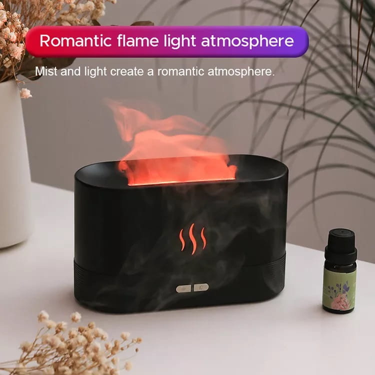 Black marble-textured flame humidifier with glowing orange flame effect and mist for essential oil aroma diffusion with 180ml capacity.