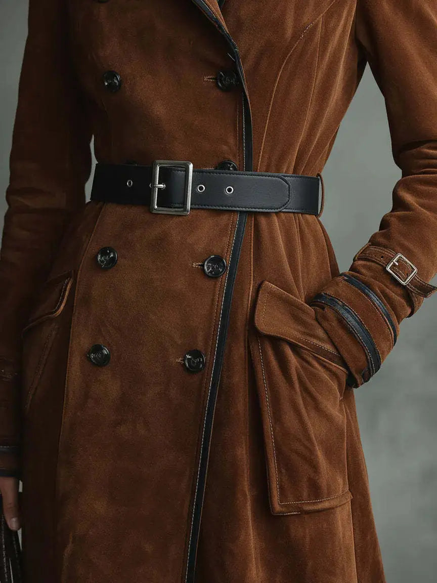 Schwarzer Ledergürtel mit silberfarbener Schnalle und passender Ziernähte, passend zu einem braunen Damen-Suède-Trenchcoat mit Revers, langem Jackenstil.
