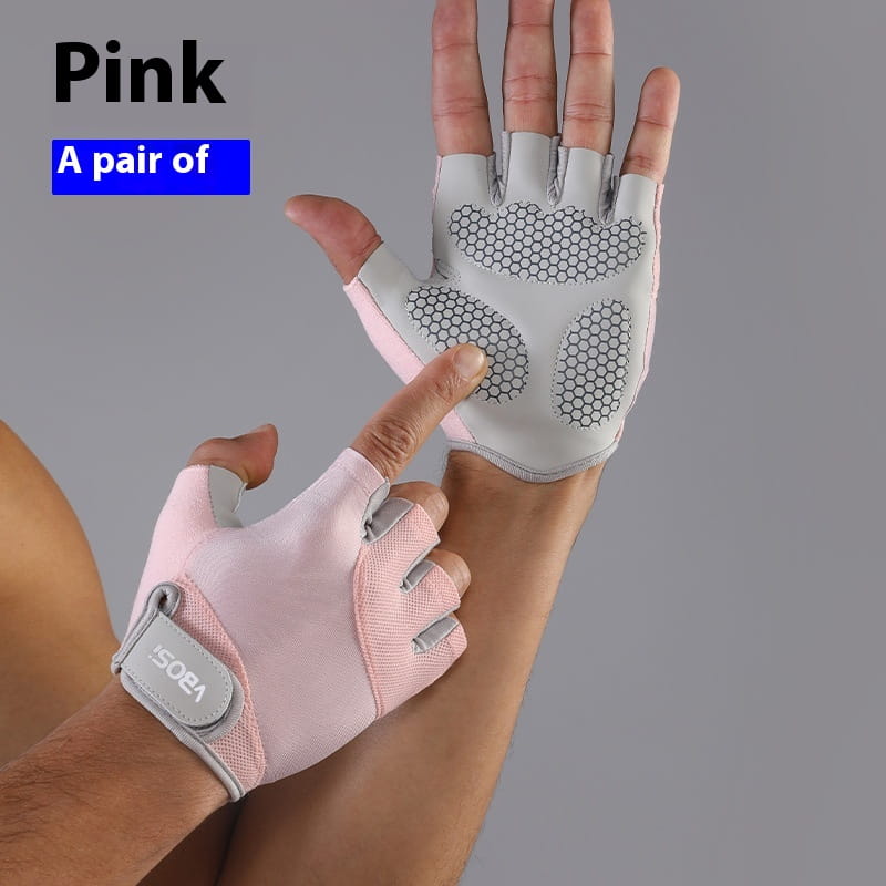 pink half-finger weightlifting fitness gloves with gray hexagonal anti-skid grip pads and a branded wrist strap designed for secure workout use.