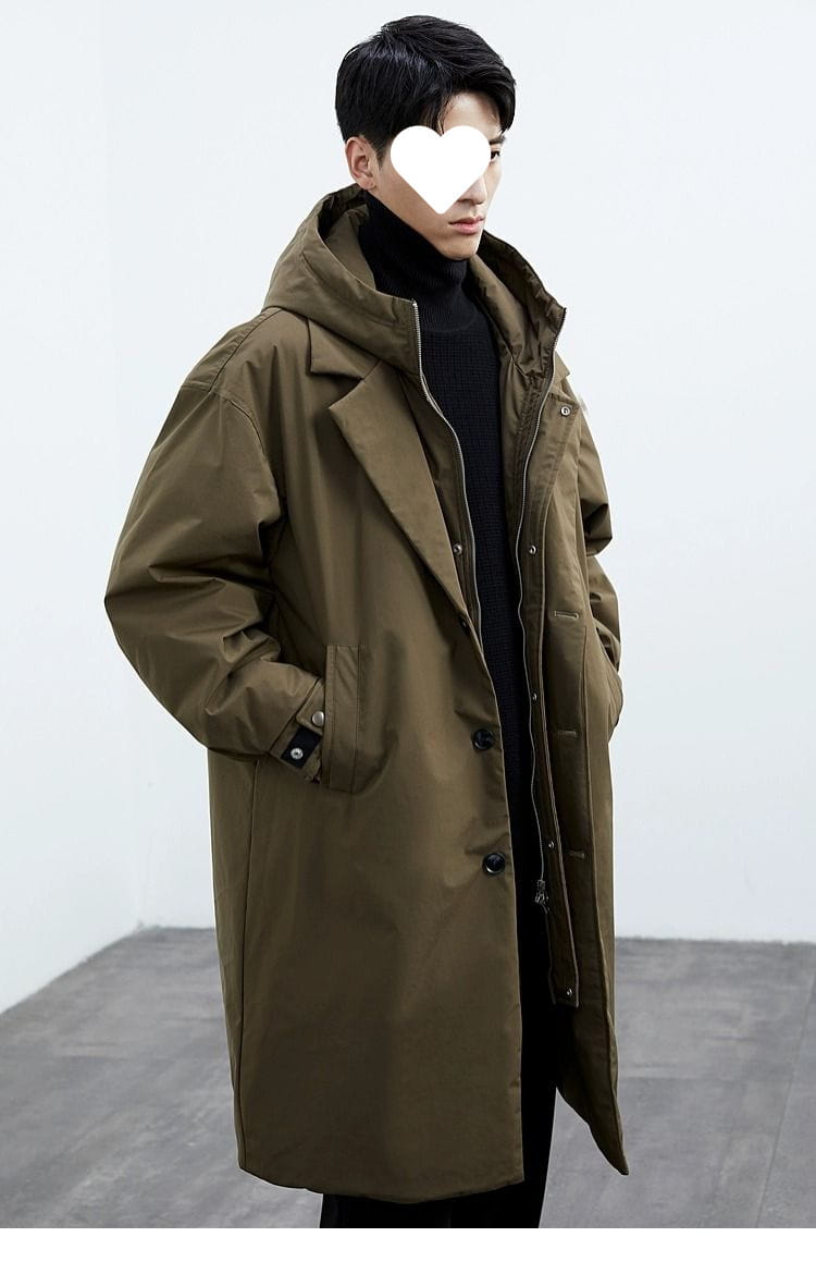 Men hooded trench coat in olive green featuring a button front design and front pockets for winter wear.