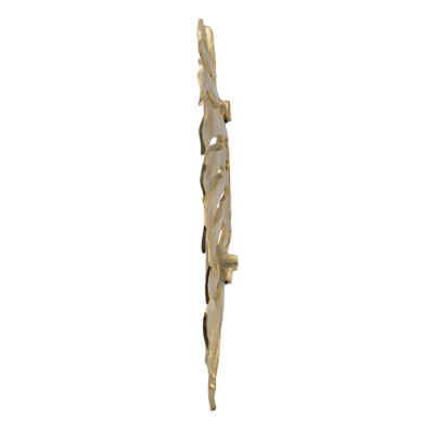 Gold-toned monstera leaf wall decor and serving tray featuring an intricately twisted leaf-shaped brooch with a textured surface and decorative elements.