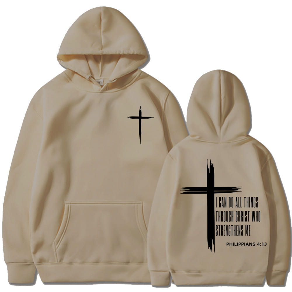 Sweat-shirt à capuche couleur beige, avec une croix noire et le verset biblique « Philippiens 4 13 » imprimé à l’avant et à l’arrière, conçu comme un sweat à capuche de type pullover pour homme