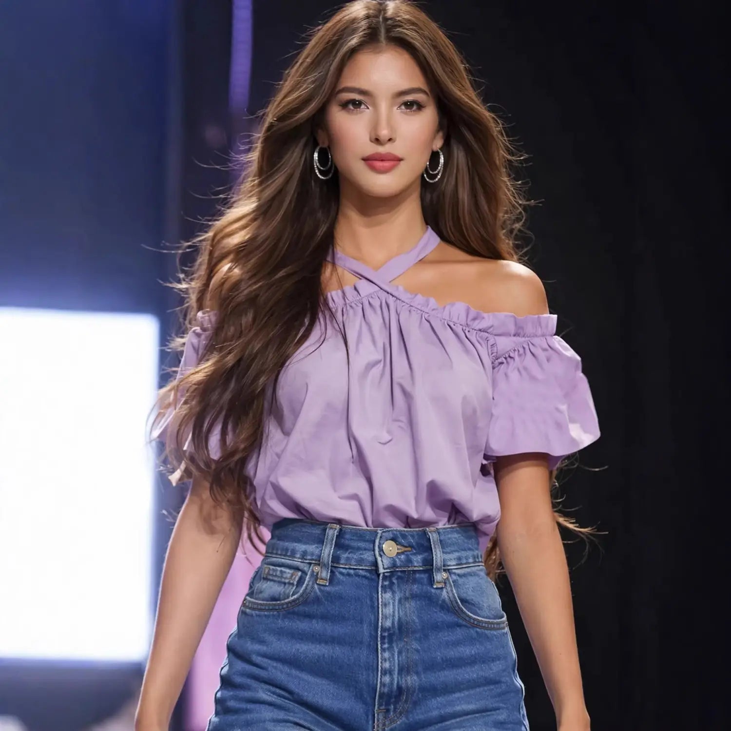 Lavender off-the-shoulder blouse in lightweight fabric featuring ruffled sleeves and a cross-neckline for elegant casual wear.